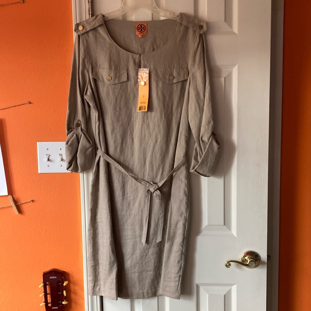 Tory Burch Verbena Khaki Linen Dress Summer Vacation Tropical Dress Size 12 NEW